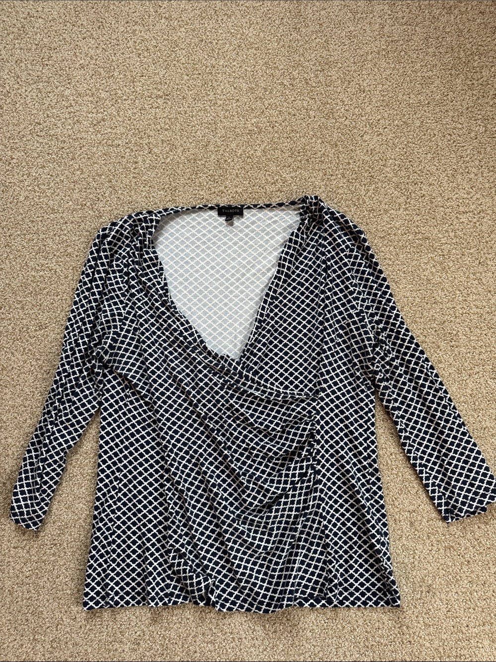 Talbots Navy & White Geometric Drape Front Women's Top